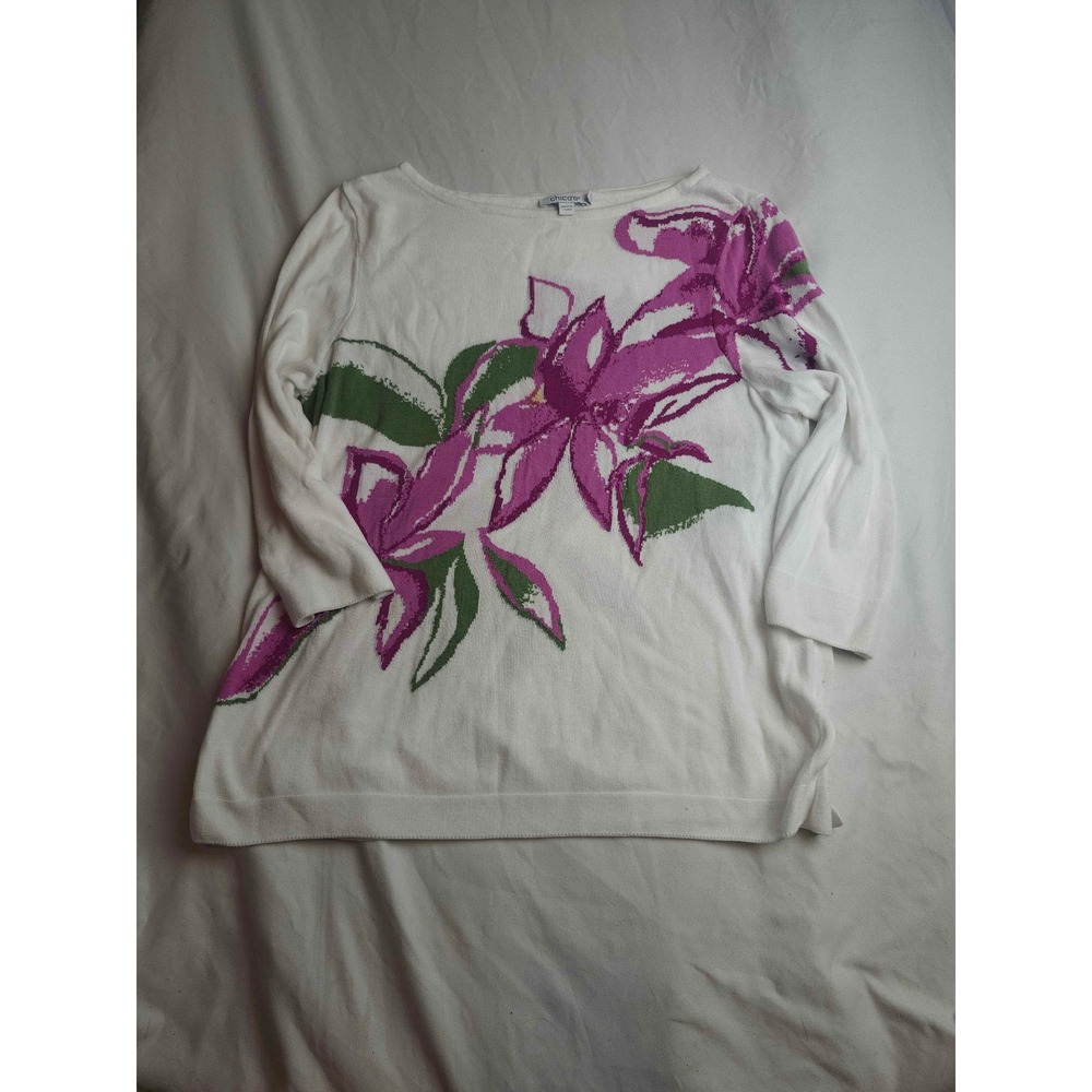 Chicos White Floral Knit Sweater 3/4 Sleeve Purple Green Size 1 Medium